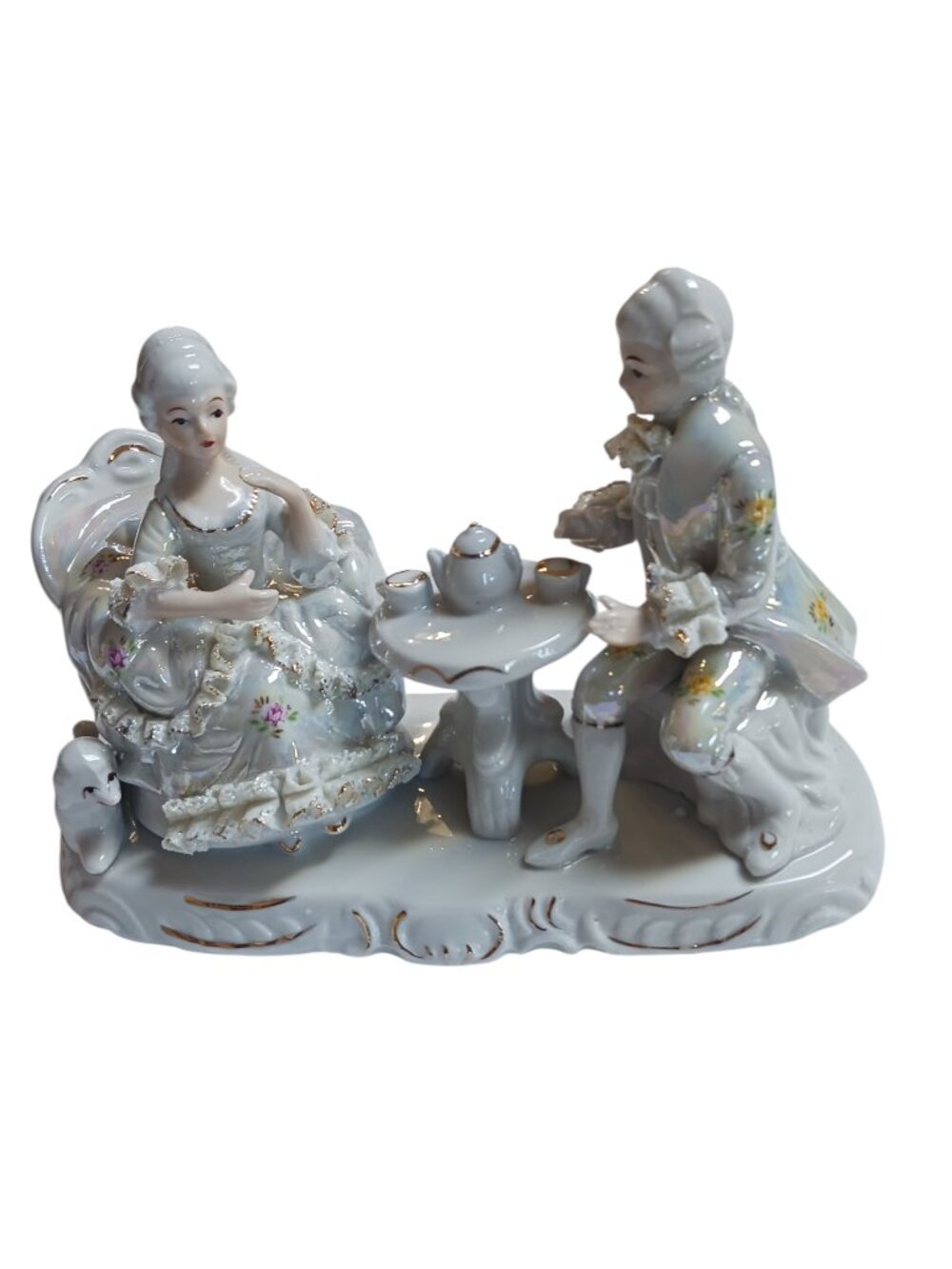 Vintage Porcelain Lace Courting Couple Tea Figurine Iridescent Japan 1950s-70s